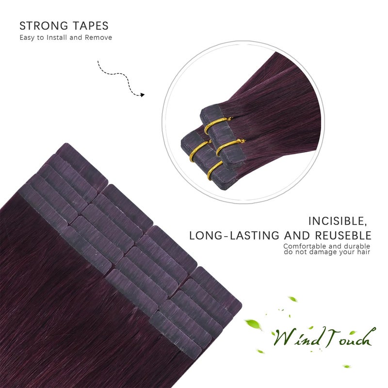 WindTouch Tape in Hair Extensions Wine Red Remy Hair Extensions Silky-Smooth Straight Burgundy 20 Pcs 16Inch #99j 30g Invisible Tape in Human Hair - Image 3